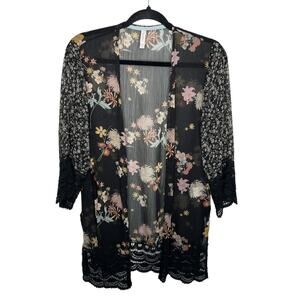 XHILARATION / black pink yellow floral boho sheer flowy kimono / XS/S